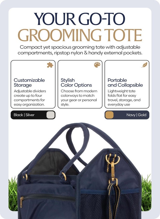 Equinavia Darby Small Collapsible Grooming Tote Bag for Horses, Dogs, Cats | Organizer with Shoulder Strap | 7" x 8.5" x 12" Interior - Navy/Gold - One Size - Image 2